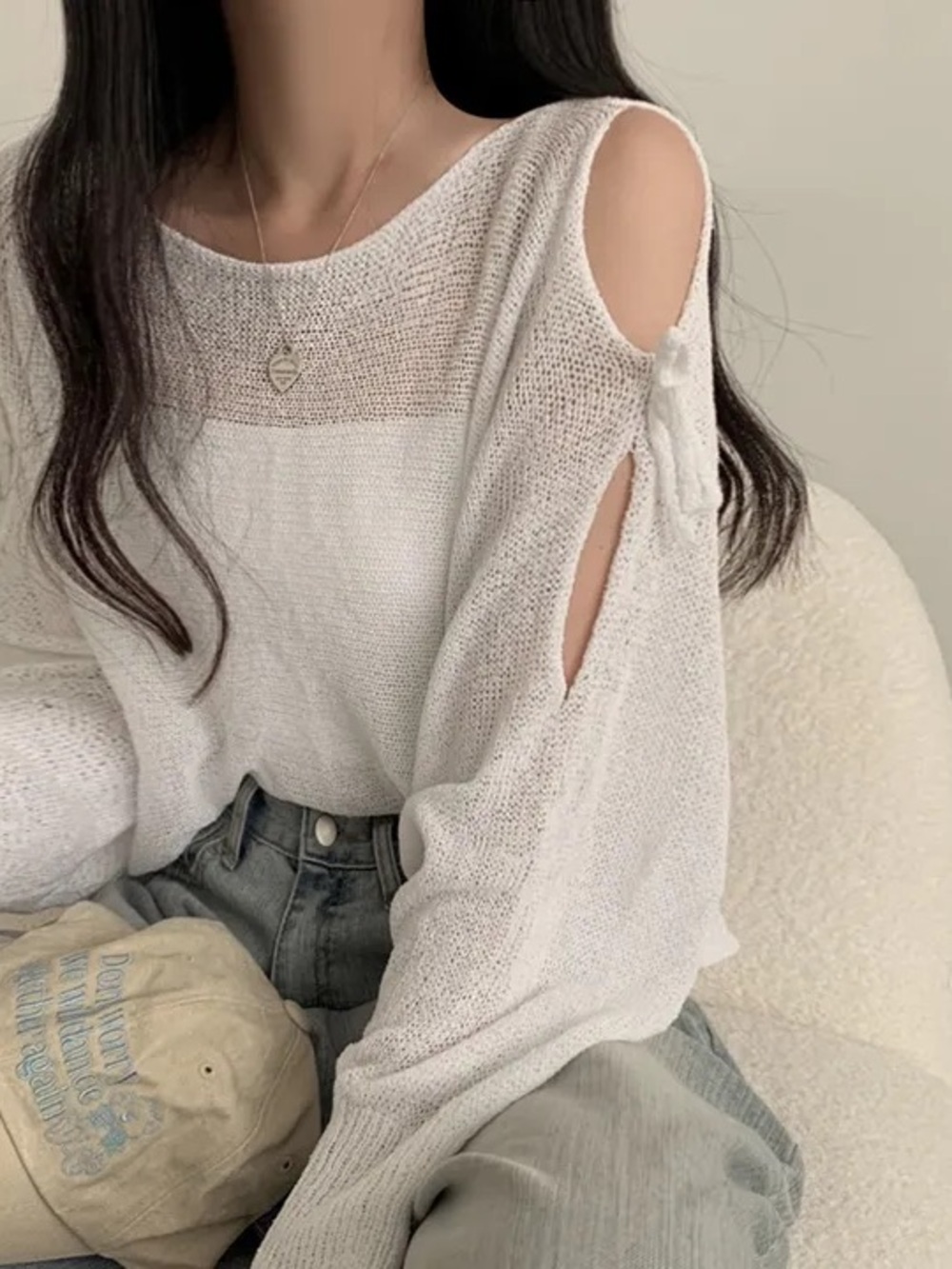 Ribbon Tie Open-Shoulder See-Through Knit Top (White)